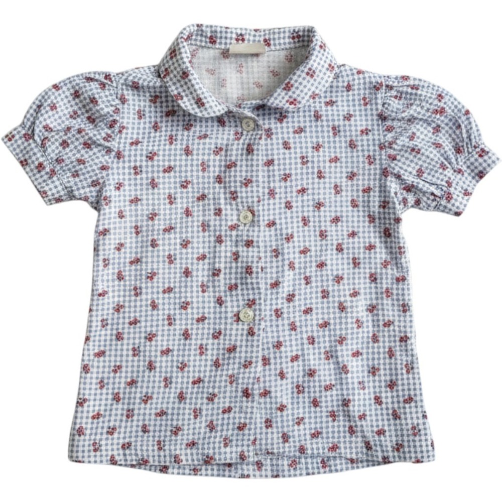 Vintage 80s Wrangler Kids Toddler  Gingham Floral Peter Pan Collar Shirt 2T